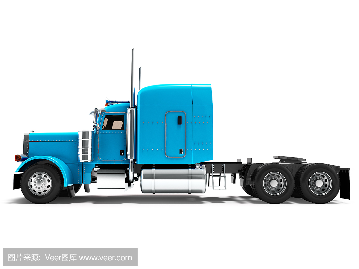 現(xiàn)代卡車(chē)拖拉機(jī)貨物運(yùn)輸三軸無(wú)拖車(chē)藍(lán)色側(cè)視圖3d渲染在白色背景與陰影